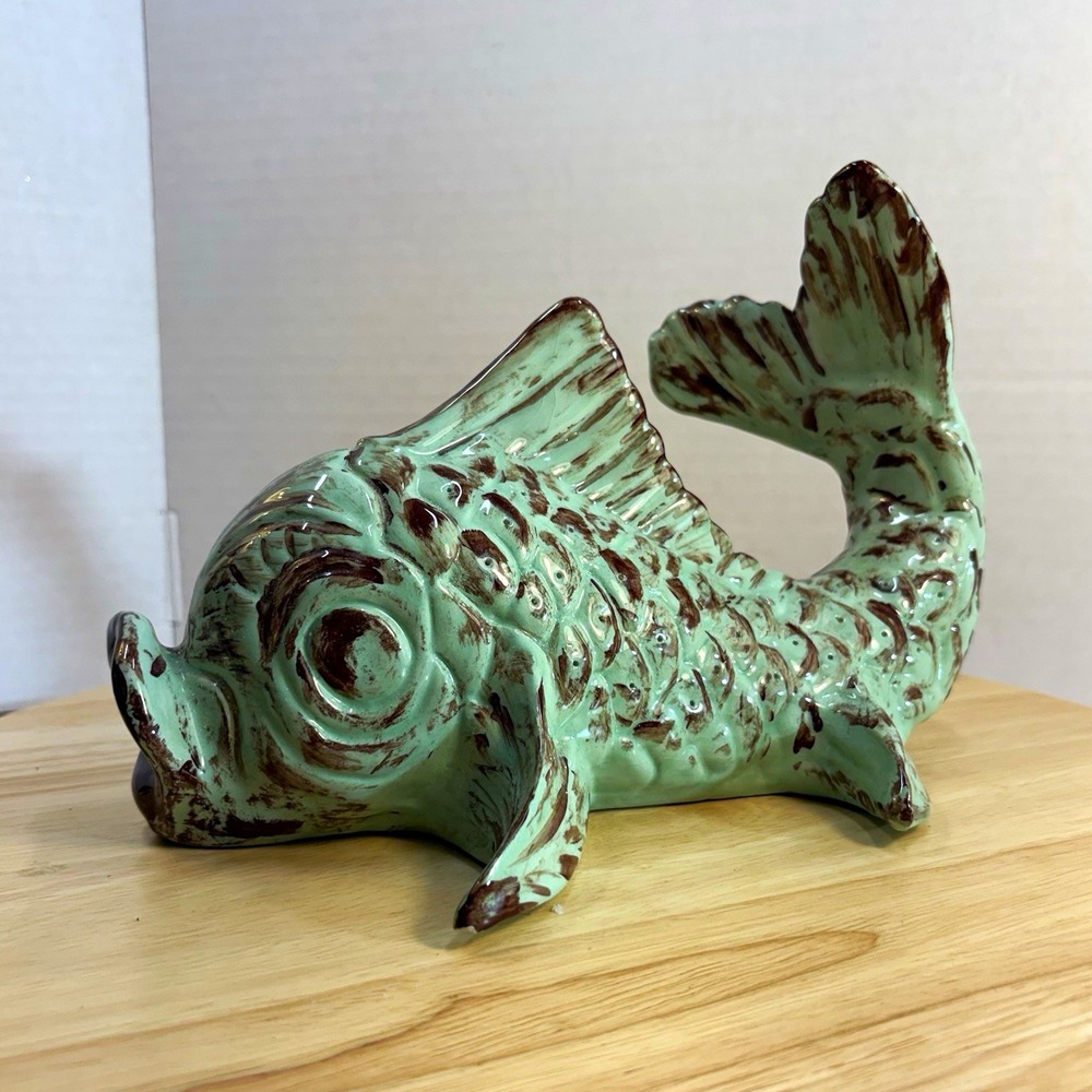 Vintage Mid Century Studio Art Green Pottery Fish Planter Vase Signed JK 1954 10